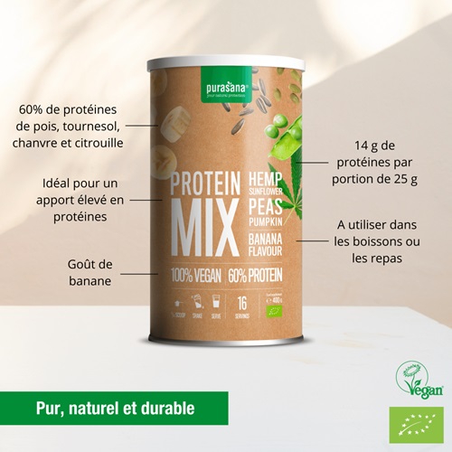 Mix Protéines Pois Tournesol Chanvre Potiron Bio - saveur Banane PURASANA