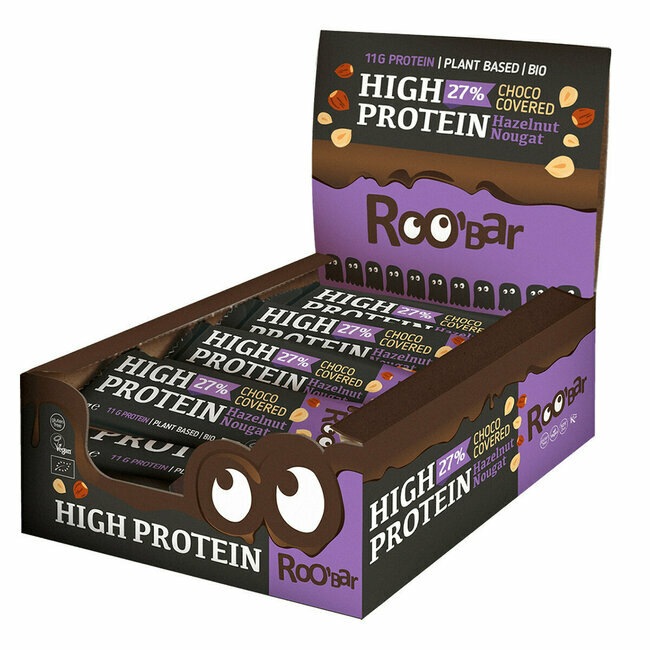 Boîte de 16 Barres Protéinées Noisettes et Nougat, nappées de Chocolat Bio