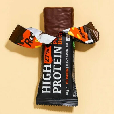 Barre Prot&eacute;in&eacute;e 27% au beurre de Cacahu&egrave;tes, napp&eacute;e de Chocolat Bio