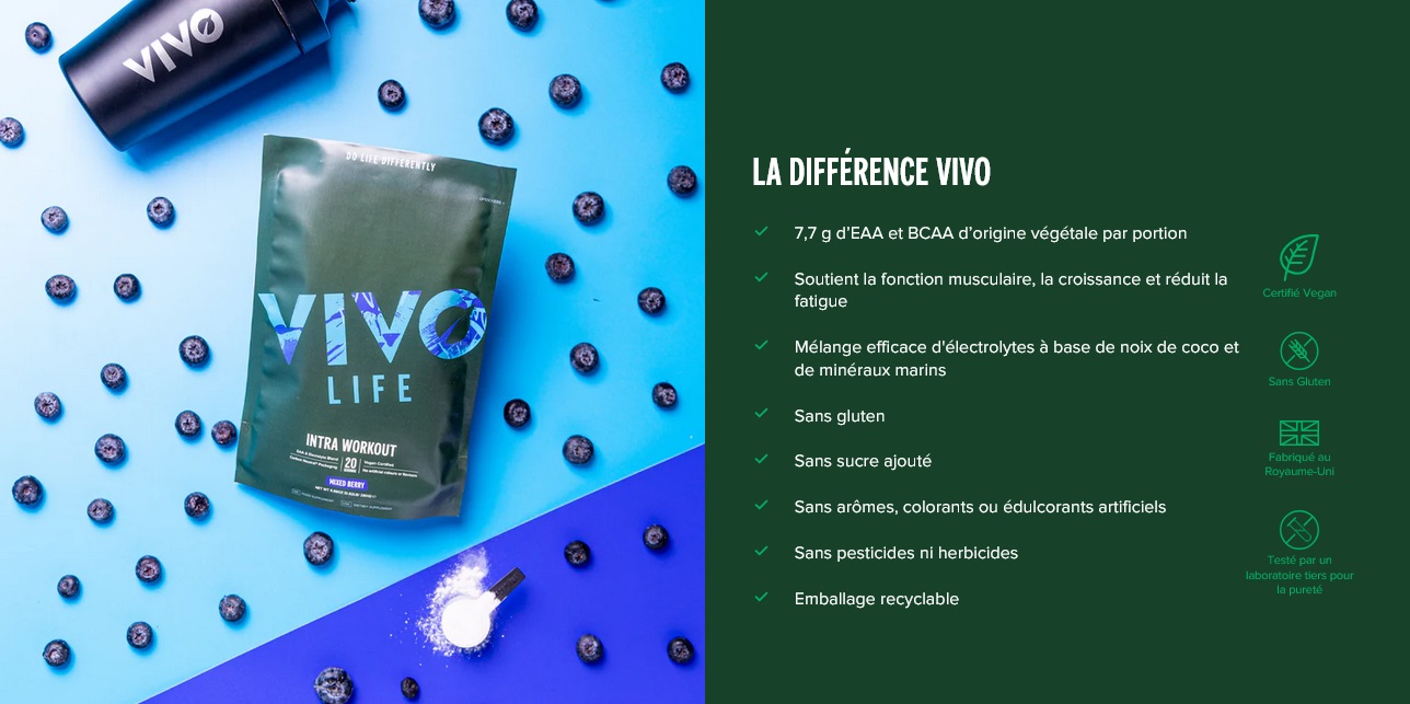 intra workout boisson sportive vivo life EAA, BCAA, eau de coco
