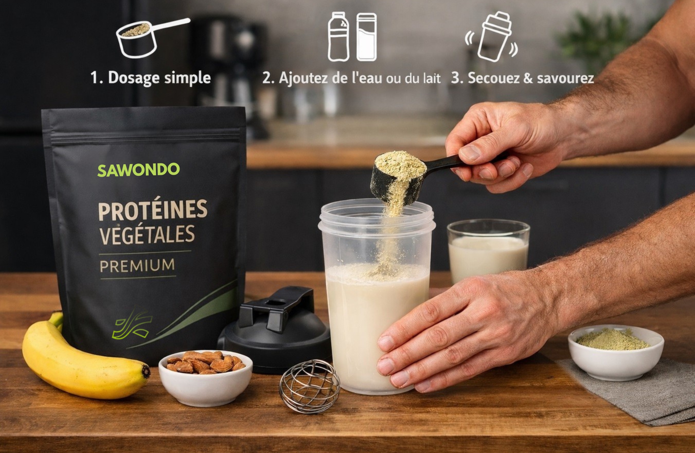 Mode d'emploi de la prot&eacute;ine vegetale premium Sawondo sport