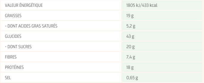 Valeurs nutritionnelles barre protéinée Lifebar avoine chocolat croustillant oat snack Bio sans gluten